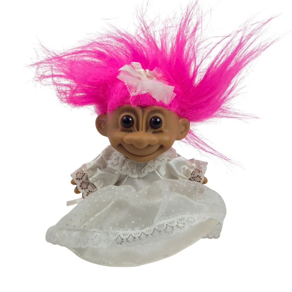 Vtg 90s Russ Good Luck 5" Troll Bride Doll Wedding Dress Pink Hair 18315